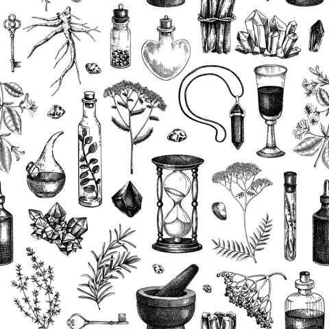 Herbal medicine ingredients background. Apothecary herbs seamless pattern. Alchemy hand-drawn vector illustrations. Vinatge texture NOT AI generated